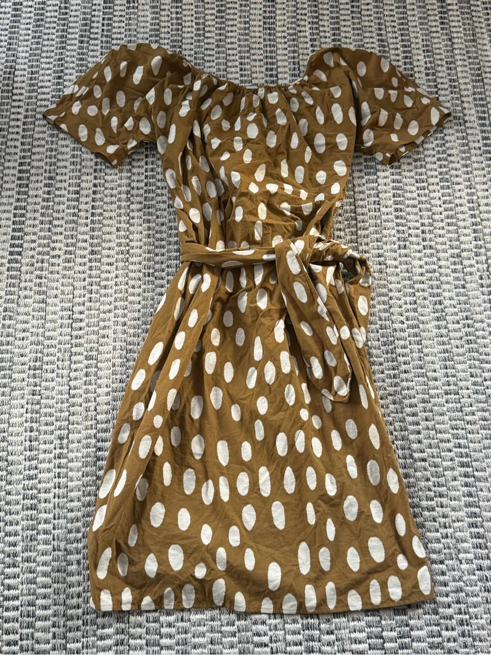 Mara Hoffman Mustard Brown Polka Dot Off-Shoulder Tie-Waist Dress Size small